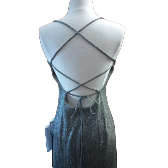 Ieena for Mac Duggal Womens Sz 4 Lace-Up Trumpet Formal Prom Dress Gown Silver - Picture 3 of 11